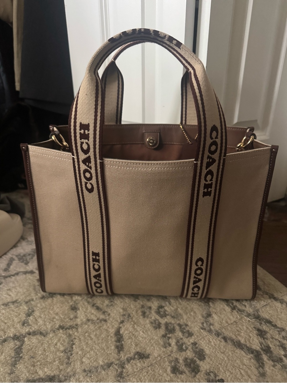 Coach Canvas Tote with Logo Straps - Beige & Brown Trim